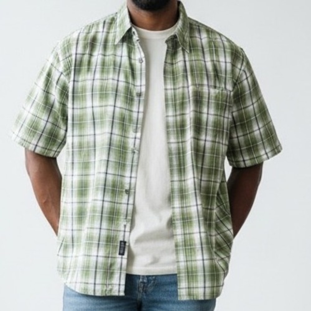 y2K Old Skool Shirt Urban Mens 5X Green Plaid Short Sleeve‎ street skater grunge